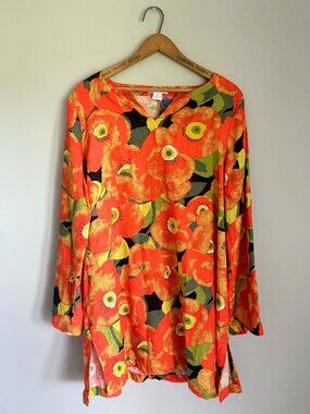 Vintage Orange Red Floral Kaftan Dress / 100% Linen / Y2K